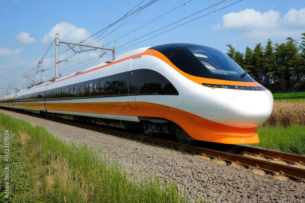 Naklejka premium The exterior of the high-speed train is white and orange. It runs through fields in England on sunny days