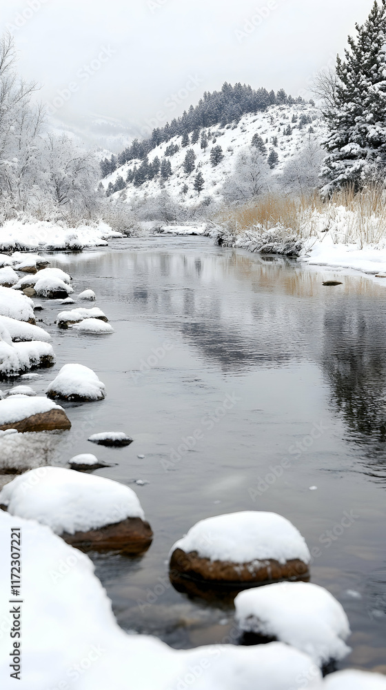 Snowy river flowing through winter landscape, tranquil scene, hills in background, ideal for nature calendar. Snowy river flowing through winter landscape, tranquil scene, hills in background, ideal for nature calendar.
