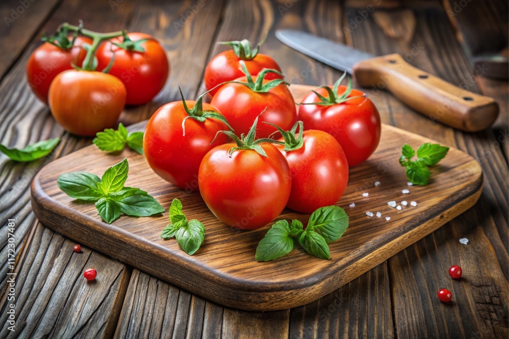 A wooden cutting board with a bunch of ripe red tomatoes and fresh basil leaves A wooden cutting board with a bunch of ripe red tomatoes and fresh basil leaves
