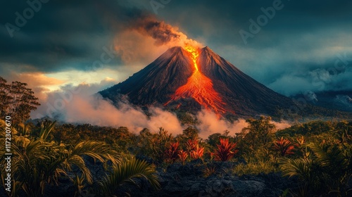 Fototapeta Naklejka Na Ścianę i Meble -  Erupting volcano at sunset, lava flowing down its slopes amidst lush tropical vegetation and dramatic clouds.