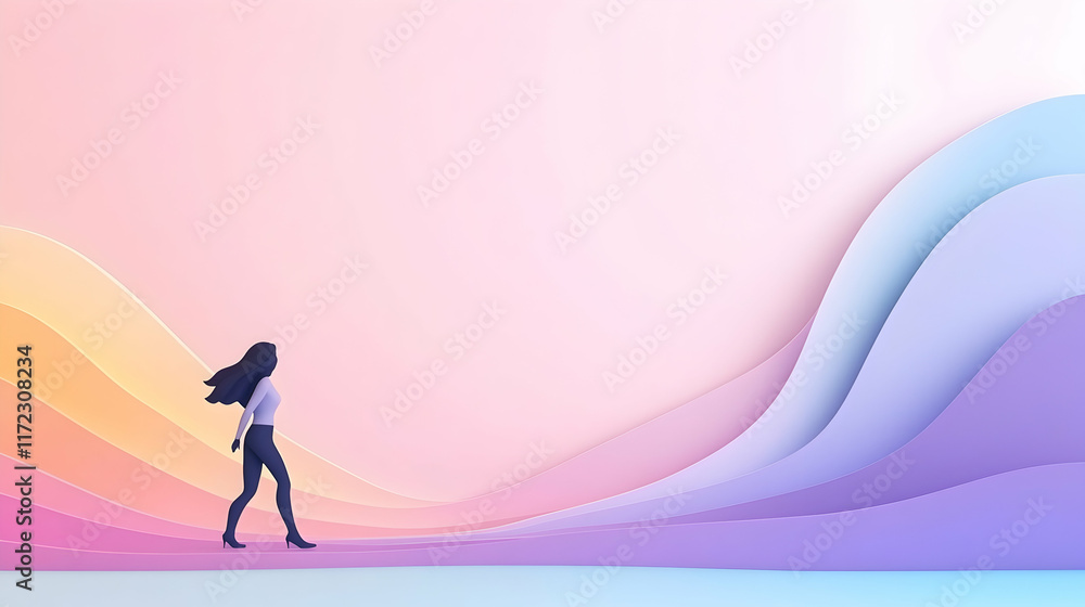 Woman walking on colorful paper landscape; background pastel waves; future concept; website banner. Woman walking on colorful paper landscape; background pastel waves; future concept; website banner.