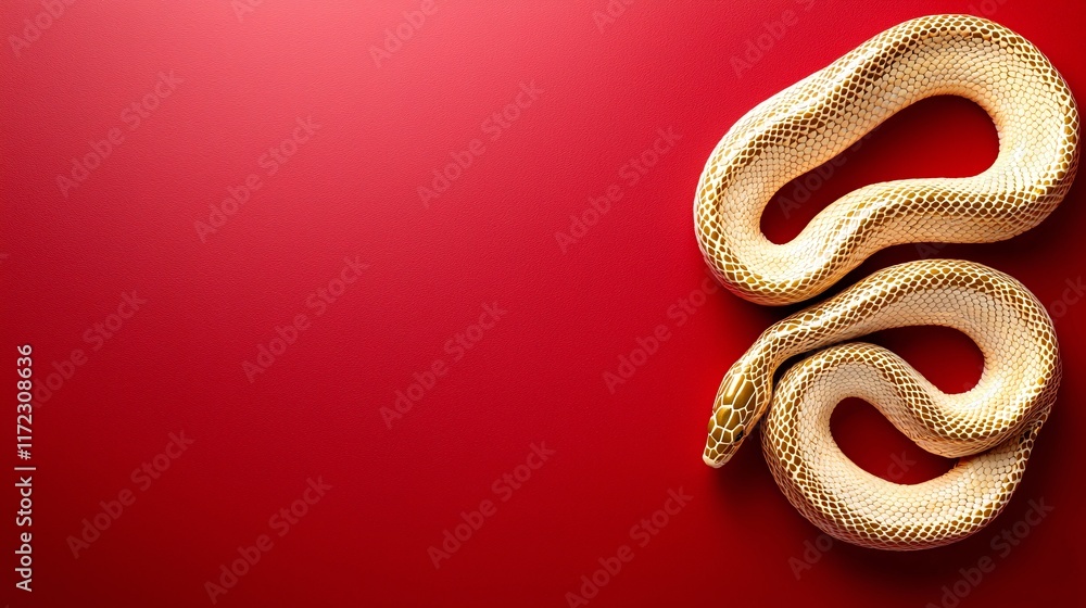 Fototapeta premium Snake concept. Golden snake coiled on a vibrant red background, creating a striking visual contrast.