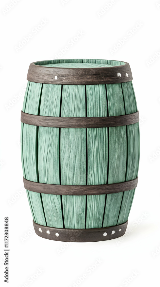 Obraz premium Teal wooden barrel isolated on white background; ideal for beverage, storage, or rustic design projects.