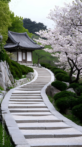 Wallpaper Mural Winding stone steps lead to a serene temple nestled in a blossoming cherry tree hillside garden, perfect for serenity and meditation themed projects. Torontodigital.ca