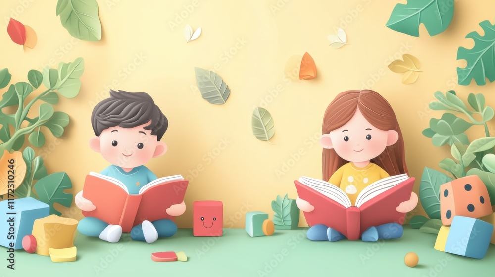 Charming Children Immersed in Books: A Delightful Illustration of Childhood Literacy and Imagination Charming Children Immersed in Books: A Delightful Illustration of Childhood Literacy and Imagination