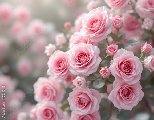 Pink Rose Garden: Delicate Blooms in Soft Light