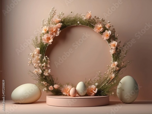 abstract easter sunny botanical background. Blank floral poster mockup. Round frame, craft paper flowers. Shop product display