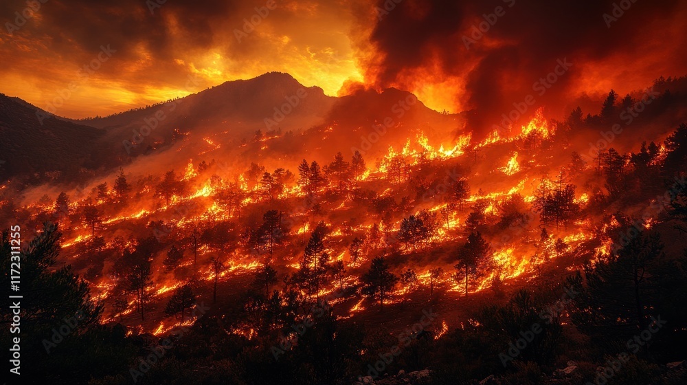 Fototapeta premium Dramatic wildfire engulfing a mountainous landscape at sunset