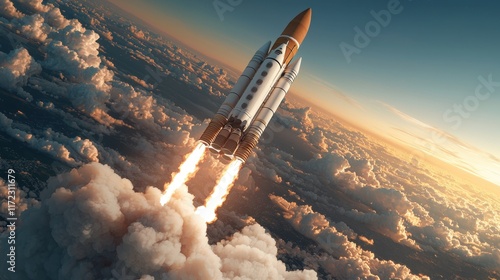 A rocket launches into the sky, leaving a trail of smoke and flames against a backdrop of clouds and a colorful sky. photo