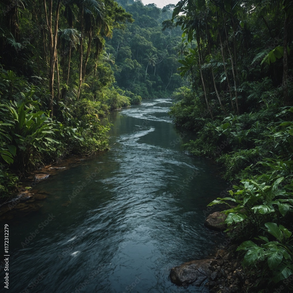 A calm river winding through a dense jungle. A calm river winding through a dense jungle.