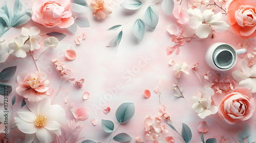 Floral Love Heart Design with Pink Roses and Spring Blossom photo