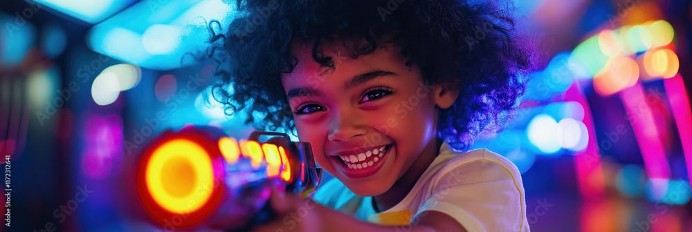 Joyful African American child playing in colorful arcade lights Joyful African American child playing in colorful arcade lights