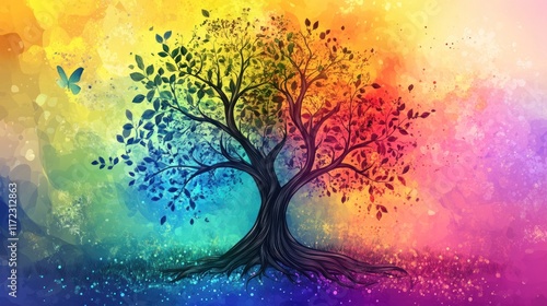 Rainbow Tree in Watercolor Landscape