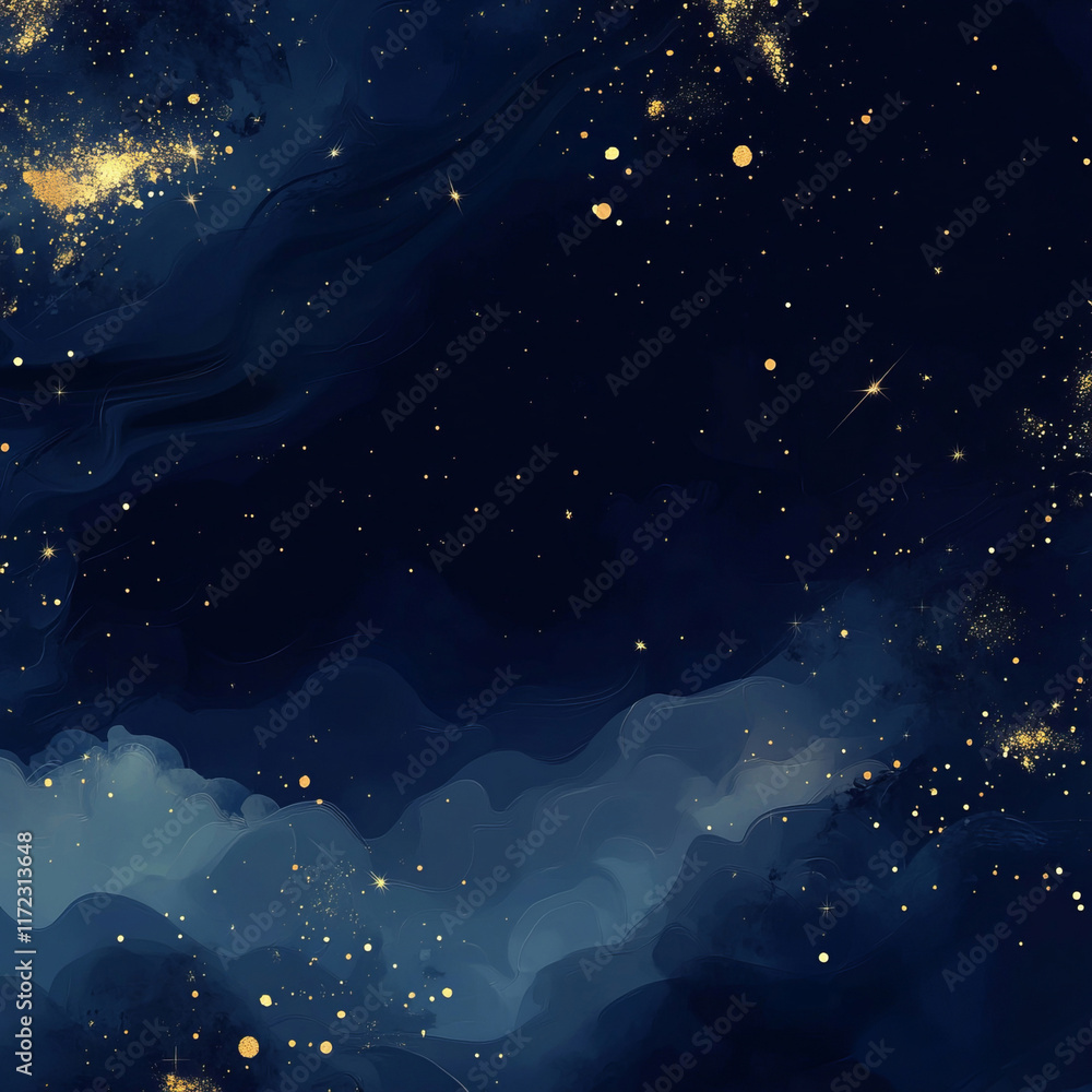 Fototapeta premium A dark blue background adorned with golden stars, delicate clouds, and sparkling patterns. This enchanting design evokes a dreamy and magical night sky, ideal for fantasy or celestial themes.