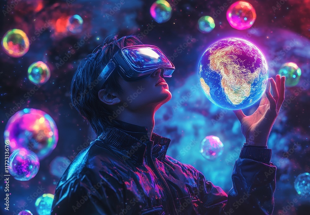 Naklejka premium Metaverse Exploration: A Futuristic Journey Through Virtual Worlds