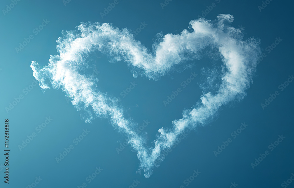 A white heart-shaped smoke trail floats against a bright blue sky. This whimsical design conveys a sense of love and serenity in a striking visual. A white heart-shaped smoke trail floats against a bright blue sky. This whimsical design conveys a sense of love and serenity in a striking visual.