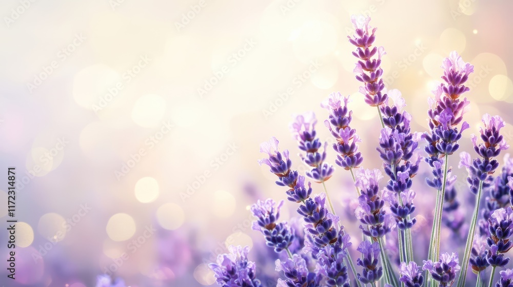 Naklejka premium Lavender Dreams: A delicate cluster of lavender blooms basks in the warm glow of the setting sun, creating a serene and romantic atmosphere. The soft.
