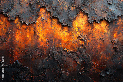 Rusted metal surface with peeling paint revealing orange underlayer photo