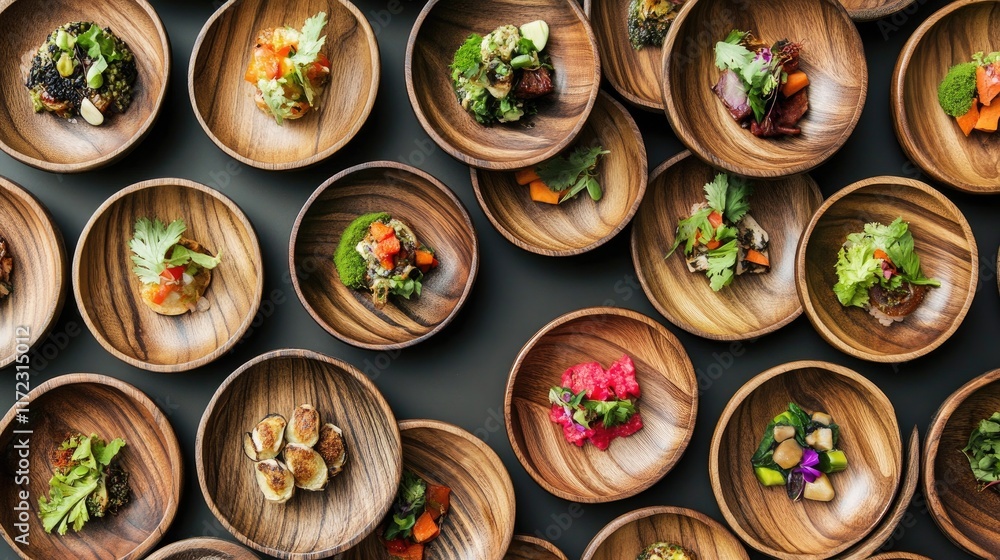 A selection of cultural festival food arranged neatly on wooden plates, ready to be served, with space for event information. A selection of cultural festival food arranged neatly on wooden plates, ready to be served, with space for event information.