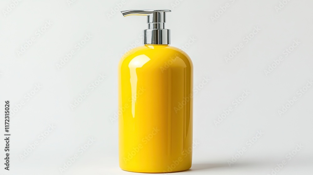 Vibrant yellow shower gel container with a pump, set against a clean white background. Vibrant yellow shower gel container with a pump, set against a clean white background.