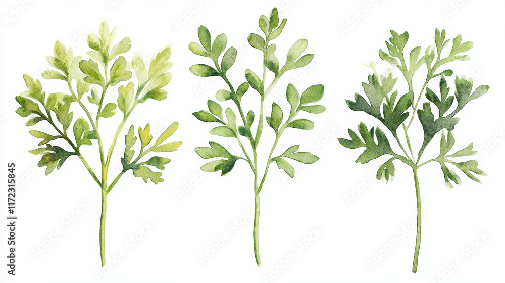 Fototapeta premium Delicate watercolor illustration of green leaves, showcasing various shades and textures