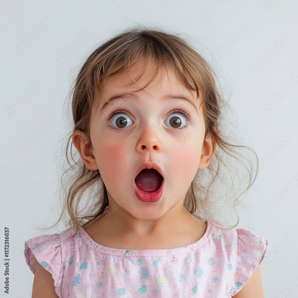 A little girl with wide eyes and an open mouth, showing surprise, on a white background A little girl with wide eyes and an open mouth, showing surprise, on a white background