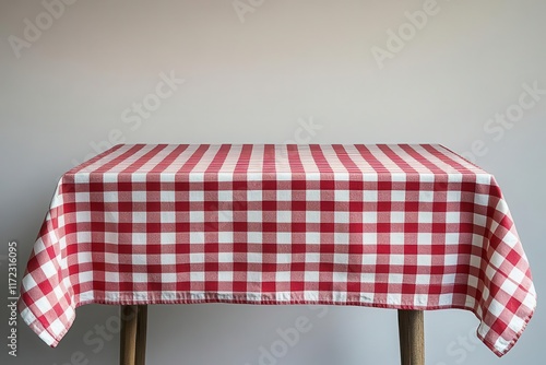 red checkered tablecloth draped elegantly atop a simple white surface creating a charming and inviting backdrop perfect for food presentations or picnicthemed designs photo