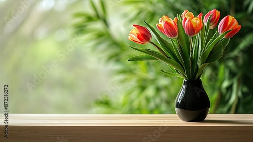 Wallpaper Mural A vase of fresh tulips placed on a wooden shelf, with a blurred background of greenery. Torontodigital.ca