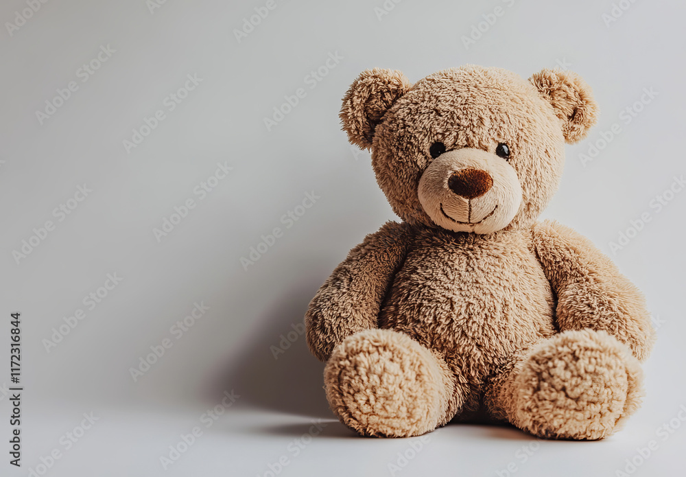 Obraz premium A charming brown teddy bear sitting upright on a clean white background, radiating warmth and innocence.