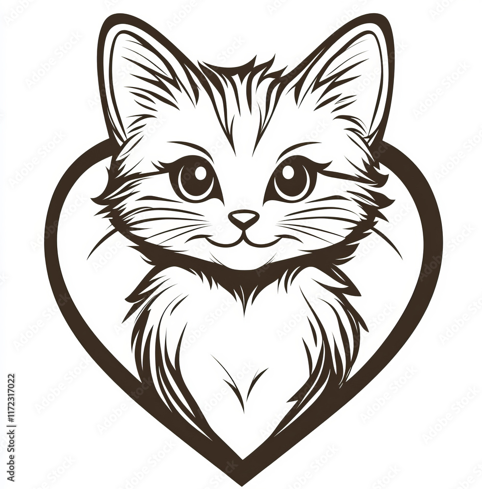 Obraz premium A minimalist line art design of a cute cat nestled within a heart-shaped outline. This charming and clean illustration is ideal for logos, icons, or playful designs.