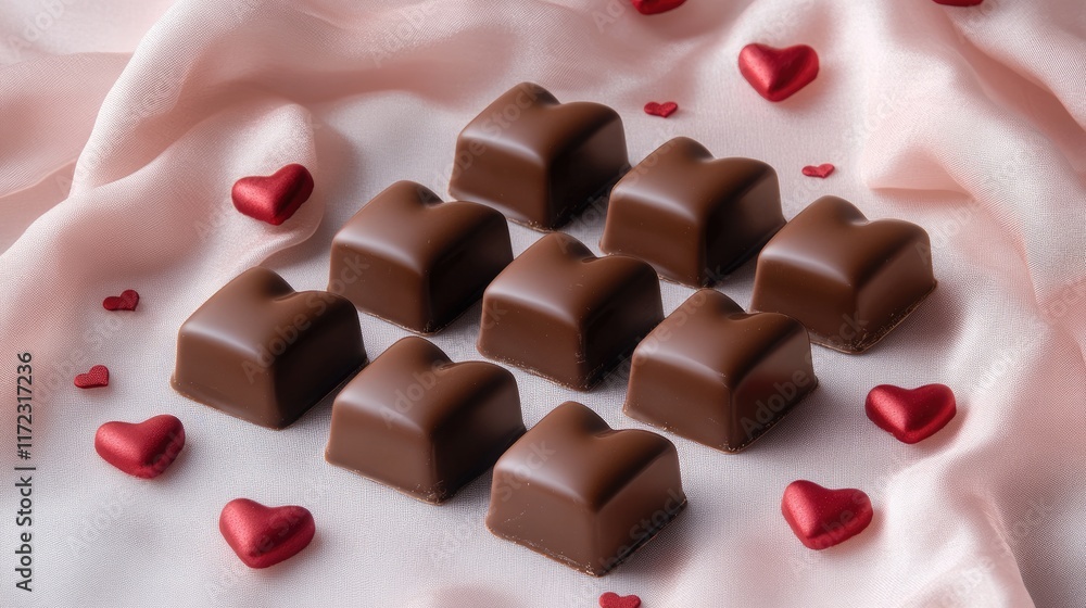 Fototapeta premium Heart-shaped chocolate boxes arranged neatly on a soft pink fabric with scattered small red hearts.