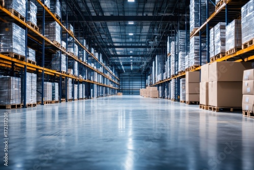 Warehouse Interior With Organized Pallets and Empty Aisles During Daylight Hours