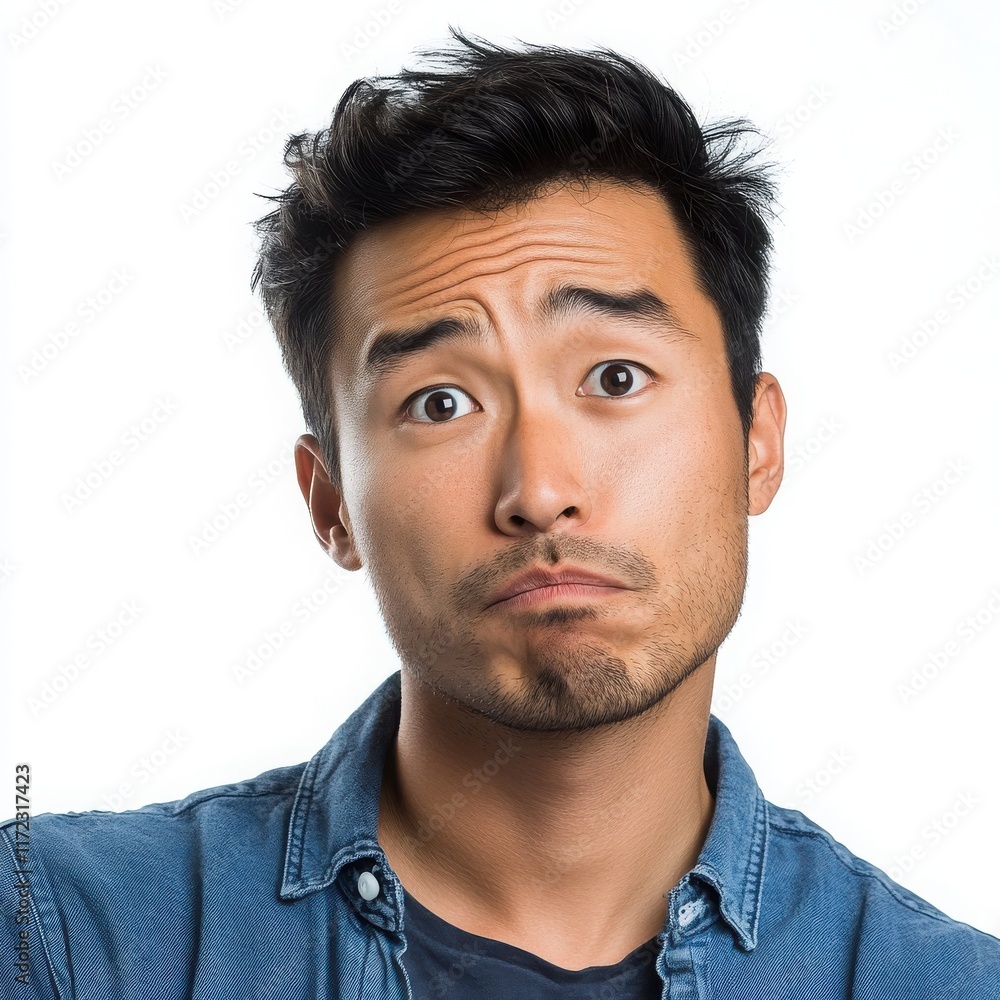 Fototapeta premium An Asian man with a skeptical look, head tilted and one eyebrow raised, on a white background 