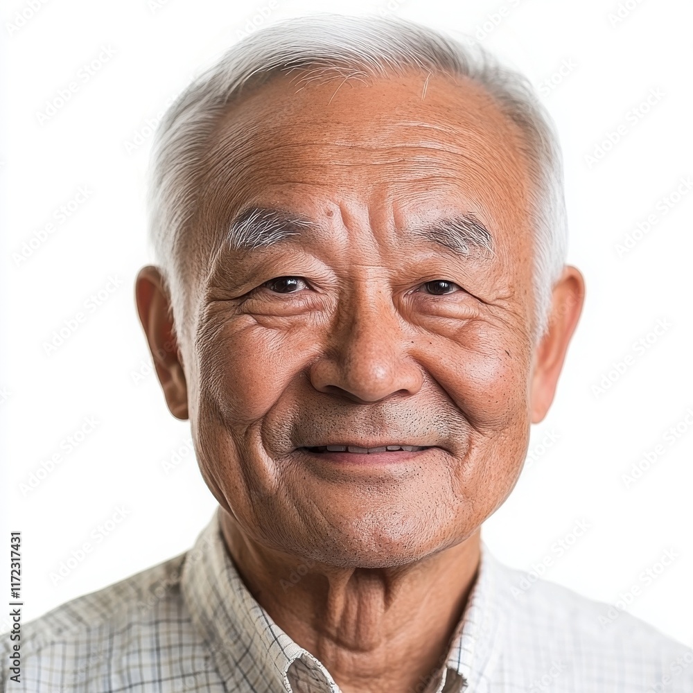 An elderly Asian man with a serene smile and soft eyes, expressing contentment, on a white background An elderly Asian man with a serene smile and soft eyes, expressing contentment, on a white background