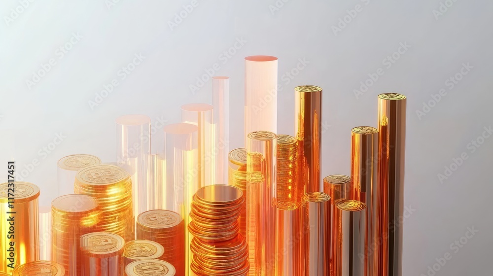 Obraz premium A bar graph with golden coins, financial growth element, 3D render, futuristic style, isolated on white background
