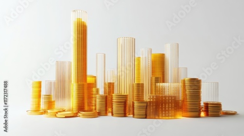 A bar graph with golden coins, financial growth element, 3D render, futuristic style, isolated on white background