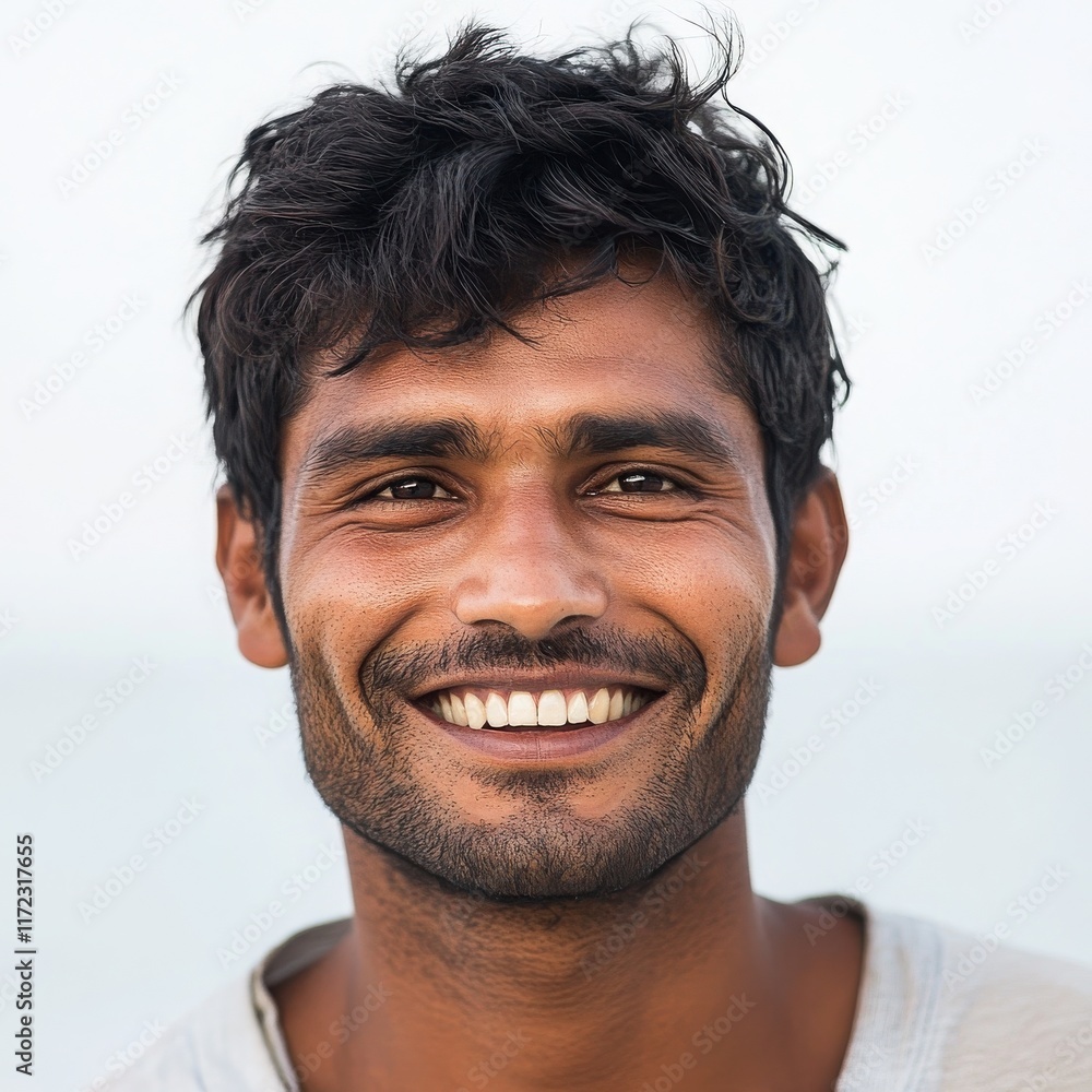 Fototapeta premium An Indian man with a beaming smile and slightly tilted head, exuding friendliness, on a white background 