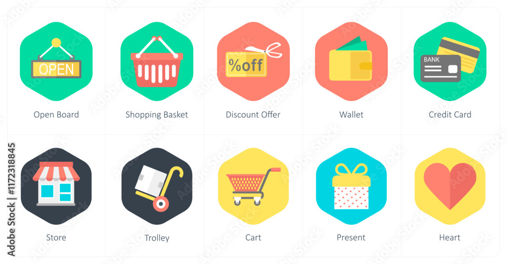 A set of 10 mix icons as open board, shopping basket, discount offer