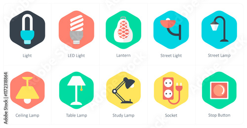 A set of 10 mix icons as light, led light, lantern