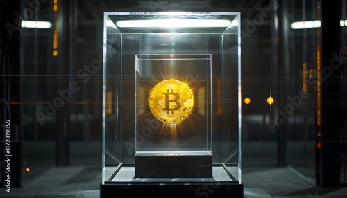 A gleaming Bitcoin coin encased in a protective glass display, symbolizing the value and security of digital currency photo