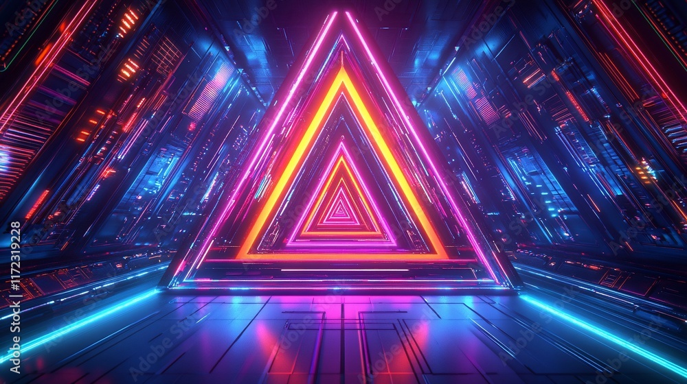 Fototapeta premium Neon triangle tunnel, vibrant colors, futuristic.