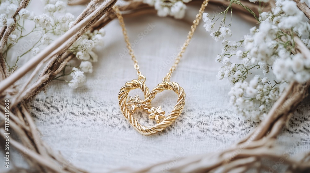 Fototapeta premium Elegant Gold Heart Necklace with Delicate Floral Detail