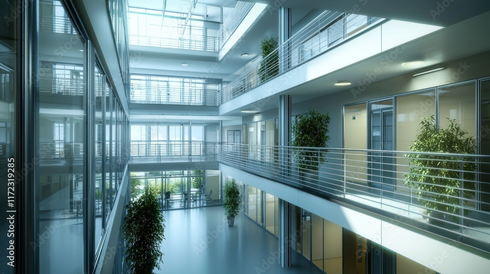 Modern office interior featuring open spaces and greenery. Modern office interior featuring open spaces and greenery.