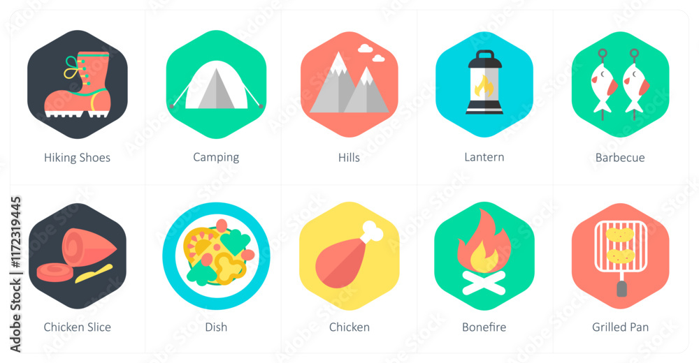 A set of 10 mix icons as hiking shoes, camping, hills, lantern A set of 10 mix icons as hiking shoes, camping, hills, lantern