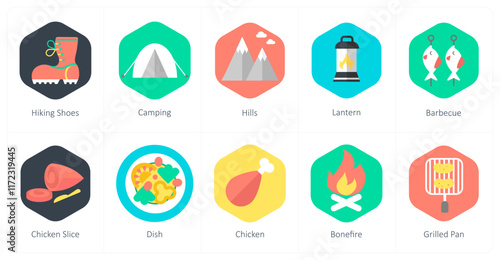 A set of 10 mix icons as hiking shoes, camping, hills, lantern