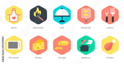 A set of 10 mix icons as apron, matchstick, dish