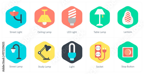 A set of 10 mix icons as street light, ceiling lamp, led light