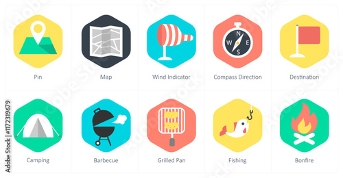 A set of 10 mix icons as pin, map, wind indicator
