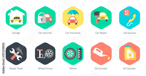 A set of 10 mix icons as garage, car security, car insurance