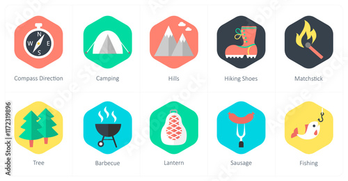 A set of 10 mix icons as compass direction, camping, hills